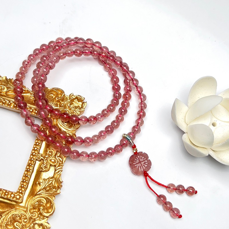 Chuỗi quấn thạch anh dâu tây hồng và cỏ bốn lá