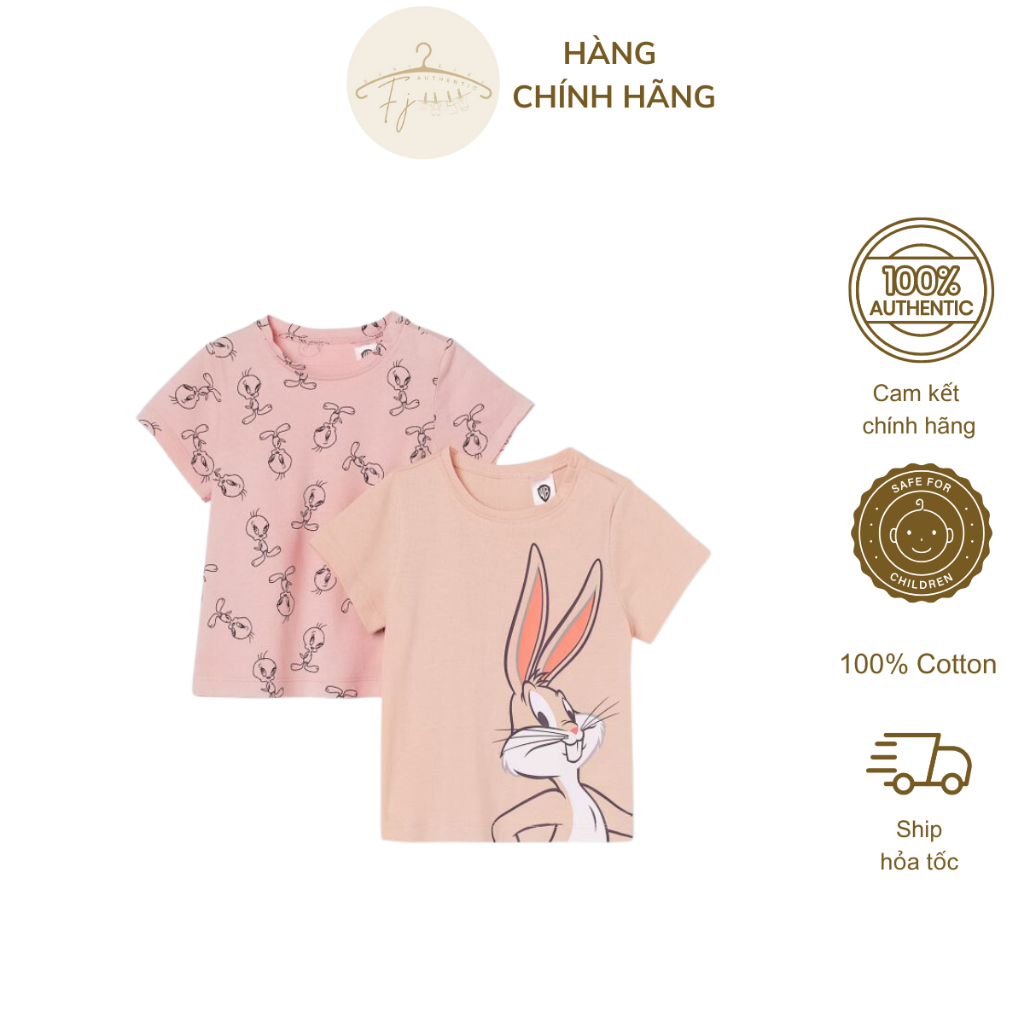Áo phông bé gái chính hãng HM, áo thun ngắn tay họa tiết chất cotton đẹp cho bé 6 tháng đến 4 tuổi Auth