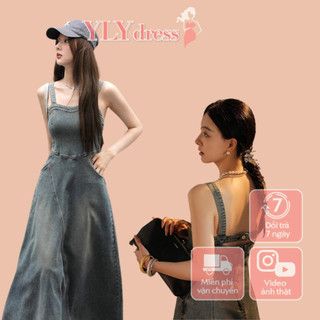 Váy đầm nữ maxi denim khoá lưng 2 dây bản to YLYdress váy bò hai dây dáng dài suông tua gấu xẻ tà hottrend C1771