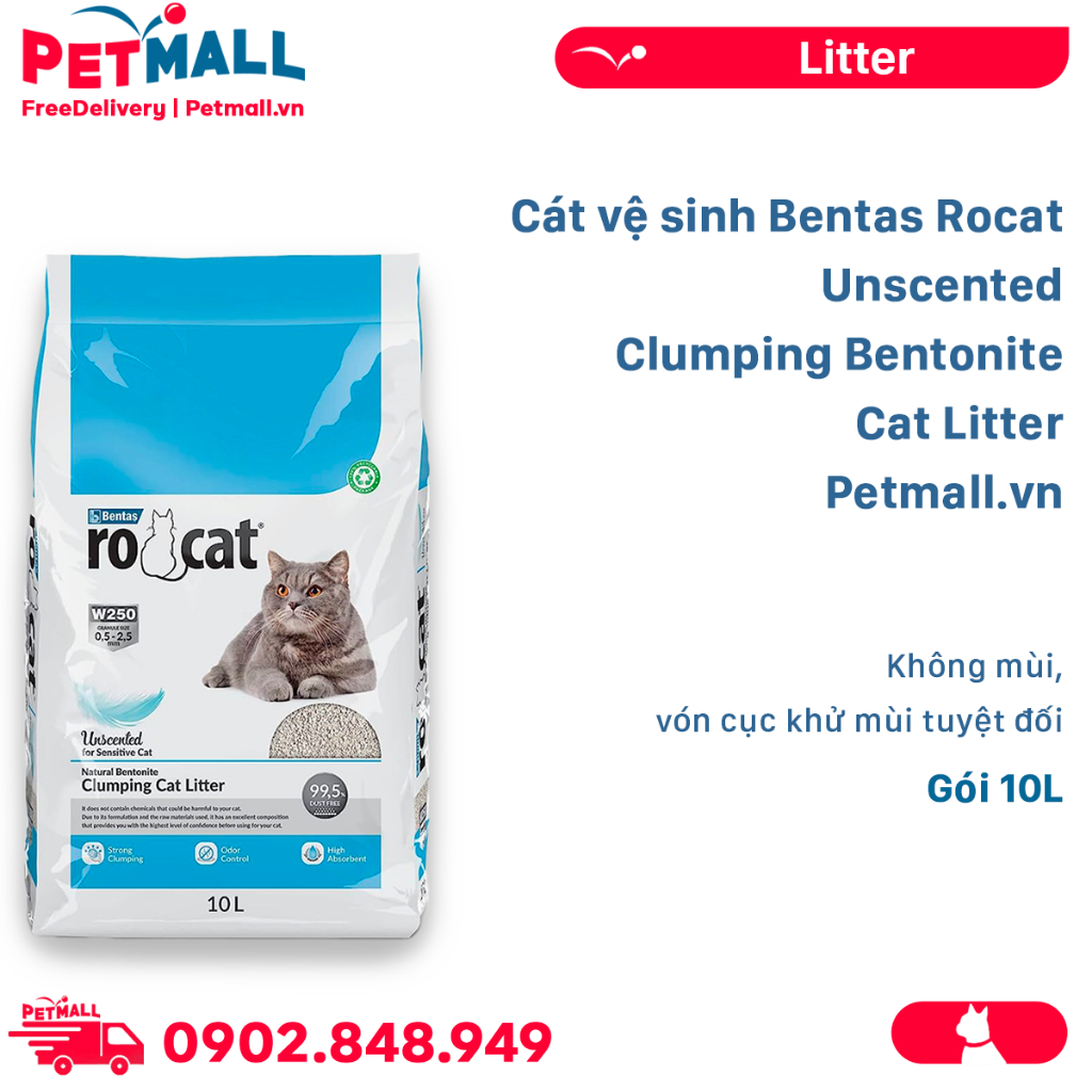 Cát vệ sinh Bentas Rocat Unscented Clumping Bentonite Cat Litter Gói 10L - Không mùi, vón cục khử mùi tuyệt đối Petmall