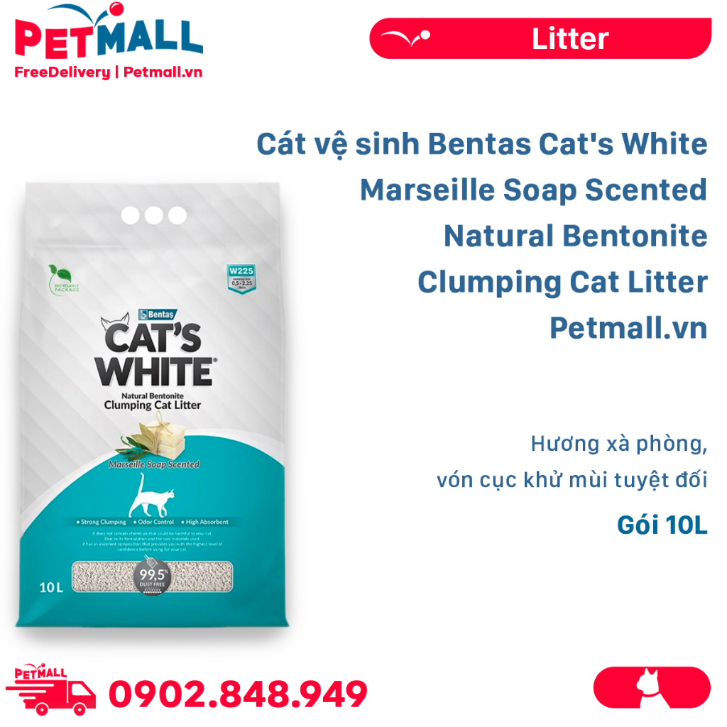 Cát vệ sinh Bentas Cat's White Marseille Soap Scented Natural Bentonite Clumping Cat Litter Gói 10L - Hương xà phòng