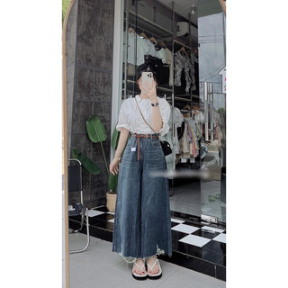 Quần jeans ống rộng lật lai