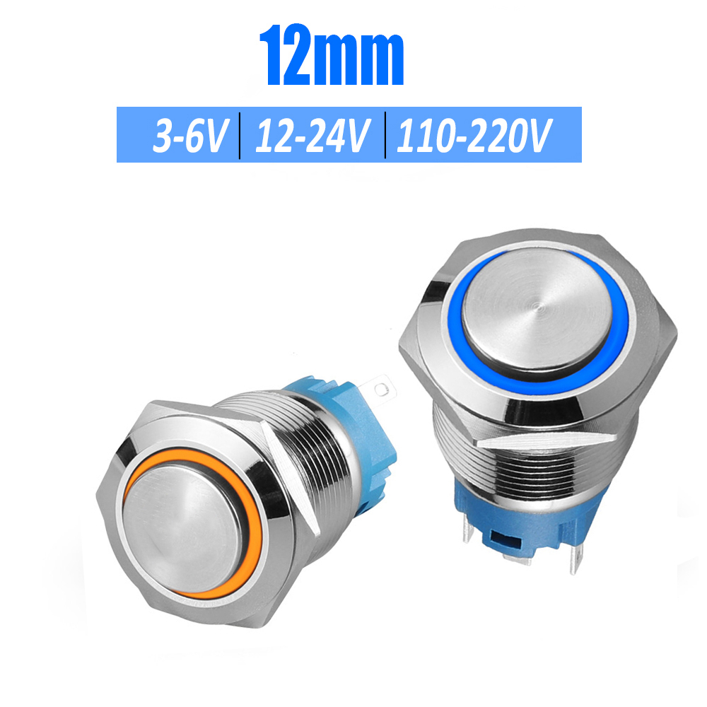 Công tắc đèn xe máy, ô tô Inox 12mm, Loại nút nhấn giữ trạng thái Tự khóa 5V - 24V