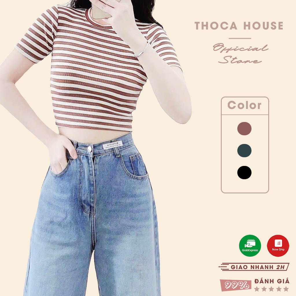 XẢ HÀNG - Áo thun baby tee croptop tăm cổ tròn sọc màu THOCA HOUSE thời thượng trendy, cá tính