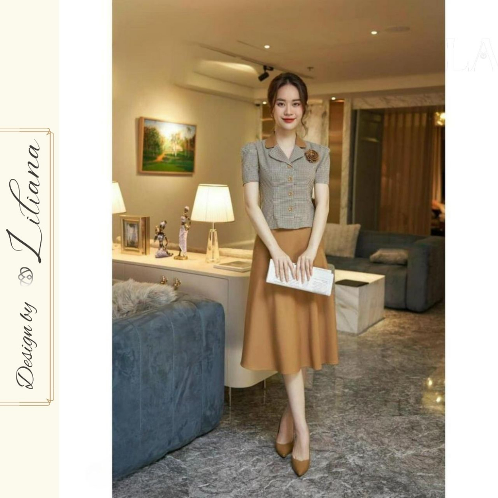 Set áo công sở kèm chân váy xòe hàng thiết kế chất liệu cao cấp Liliana
