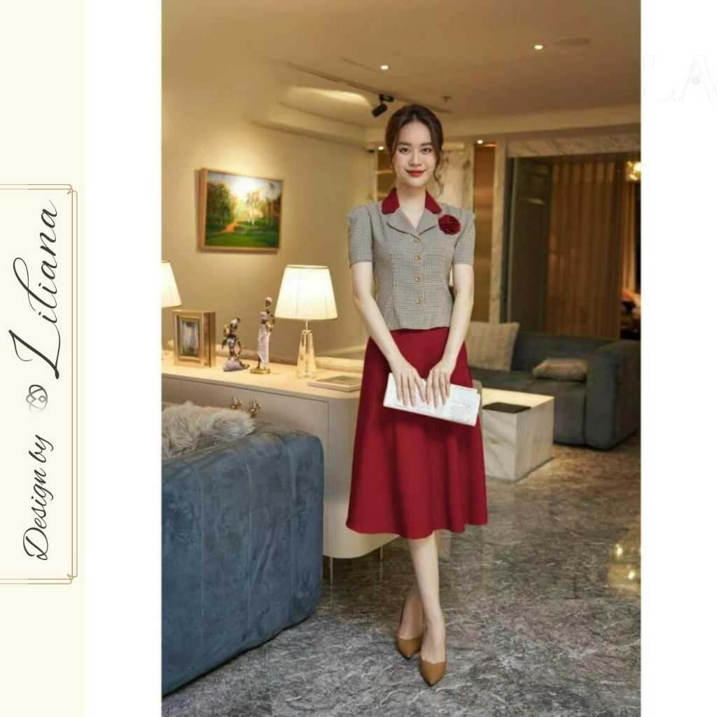 Set áo công sở kèm chân váy xòe hàng thiết kế chất liệu cao cấp Liliana