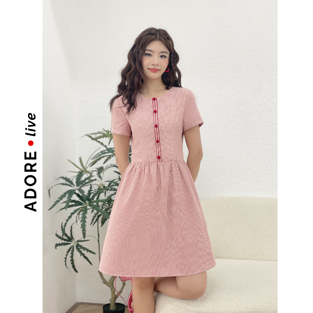 Đầm Mini dresses cổ tròn thô karo red thêu nẹp 321DR1082 ADORE DRESS