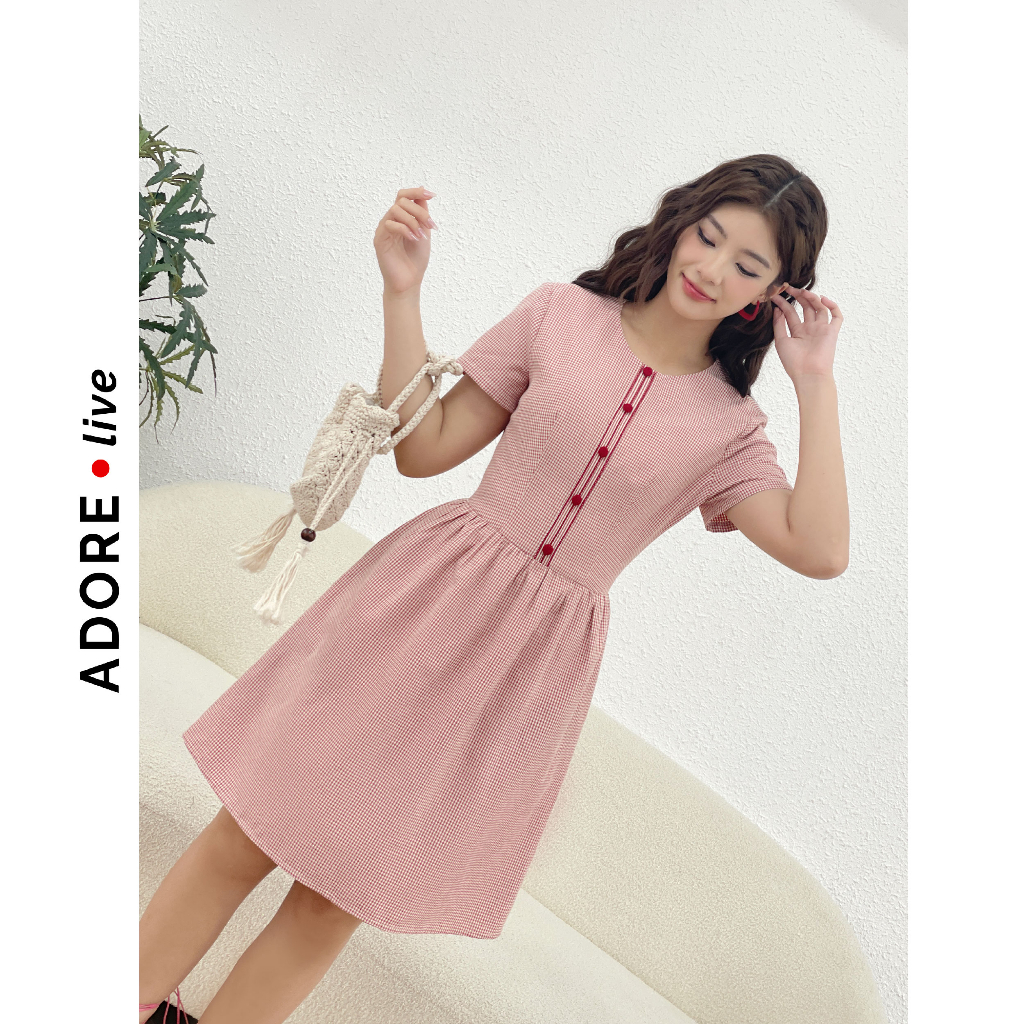 Đầm Mini dresses cổ tròn thô karo red thêu nẹp 321DR1082 ADORE DRESS