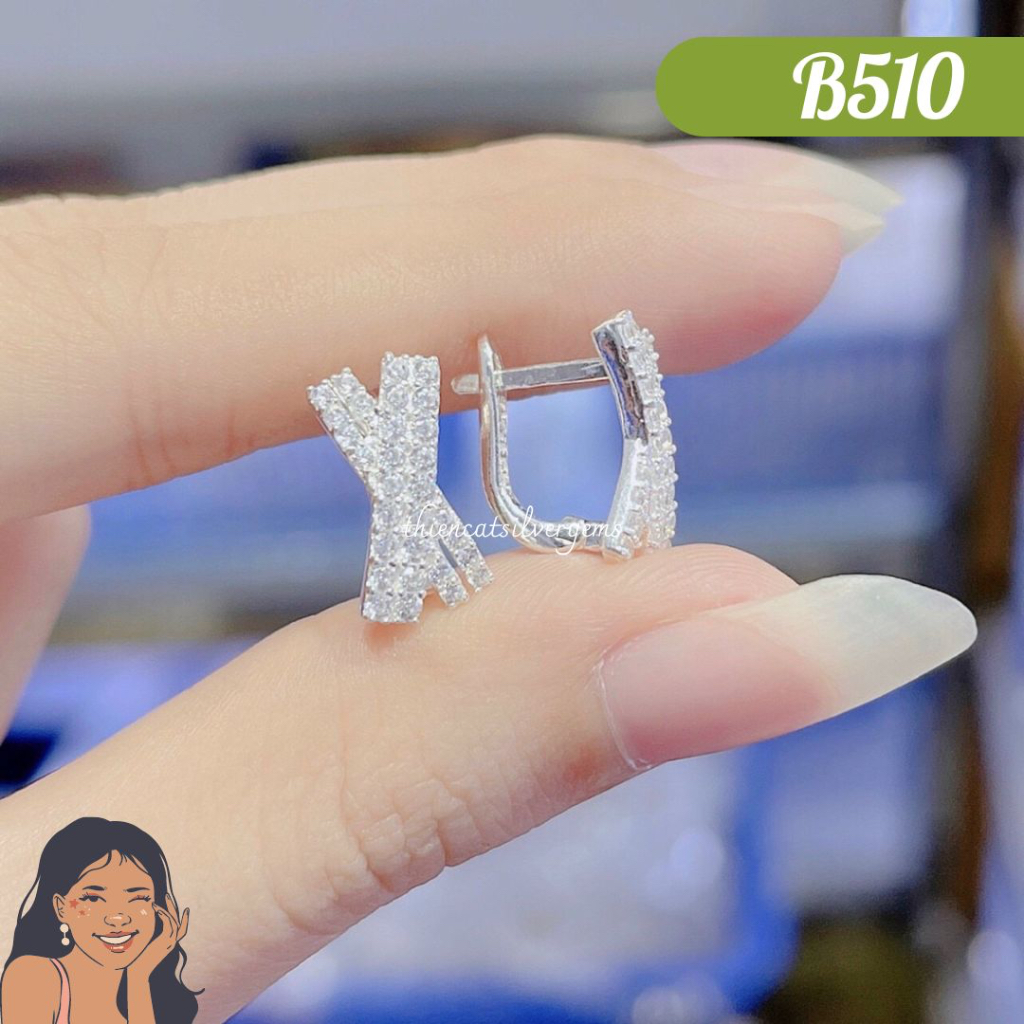 B510 Bông tai khoen bật chữ X đính đá Bạc thật Thiên Cát s950