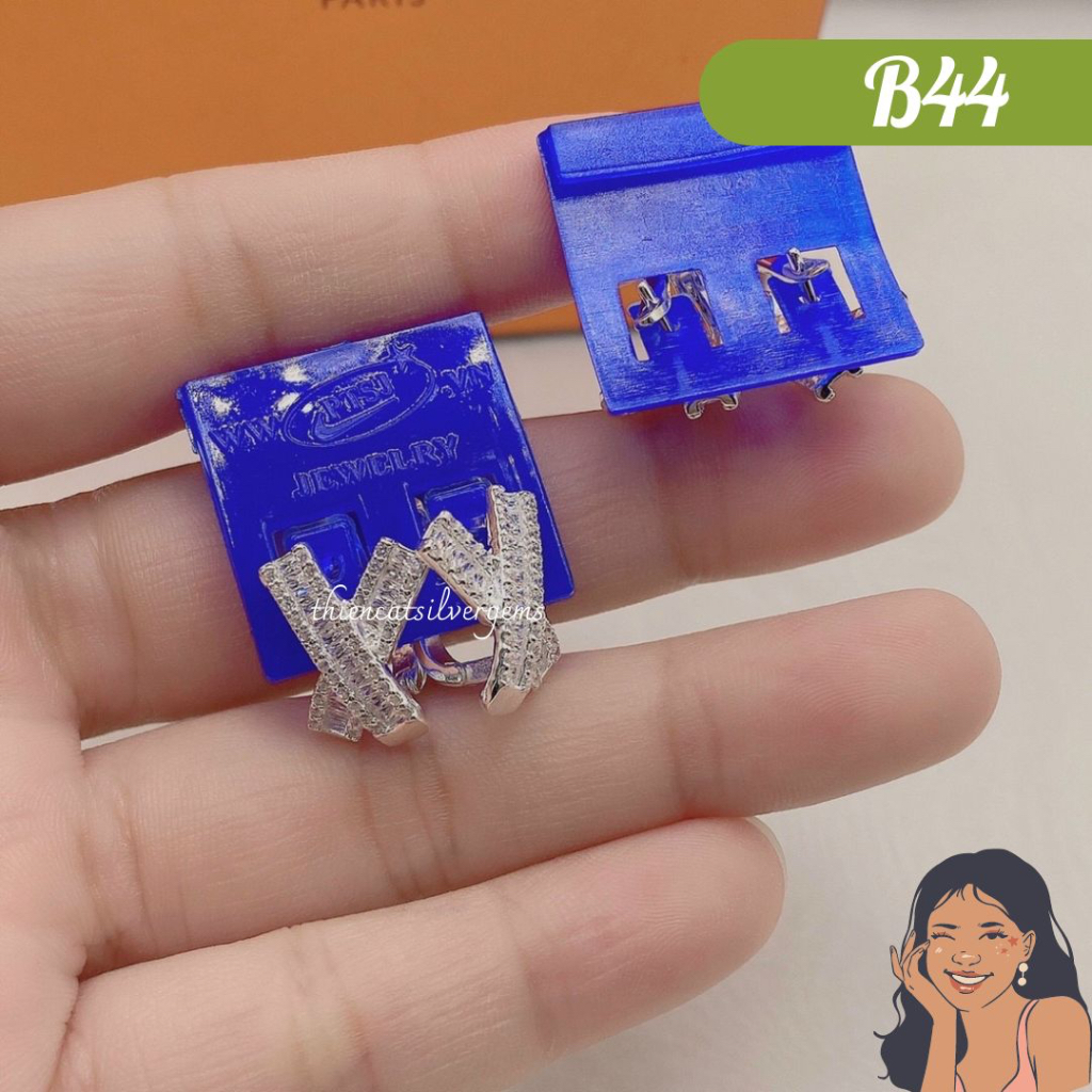 B44 Bông tai khoen bật chữ X cong Baguette Bạc thật Thiên Cát s950