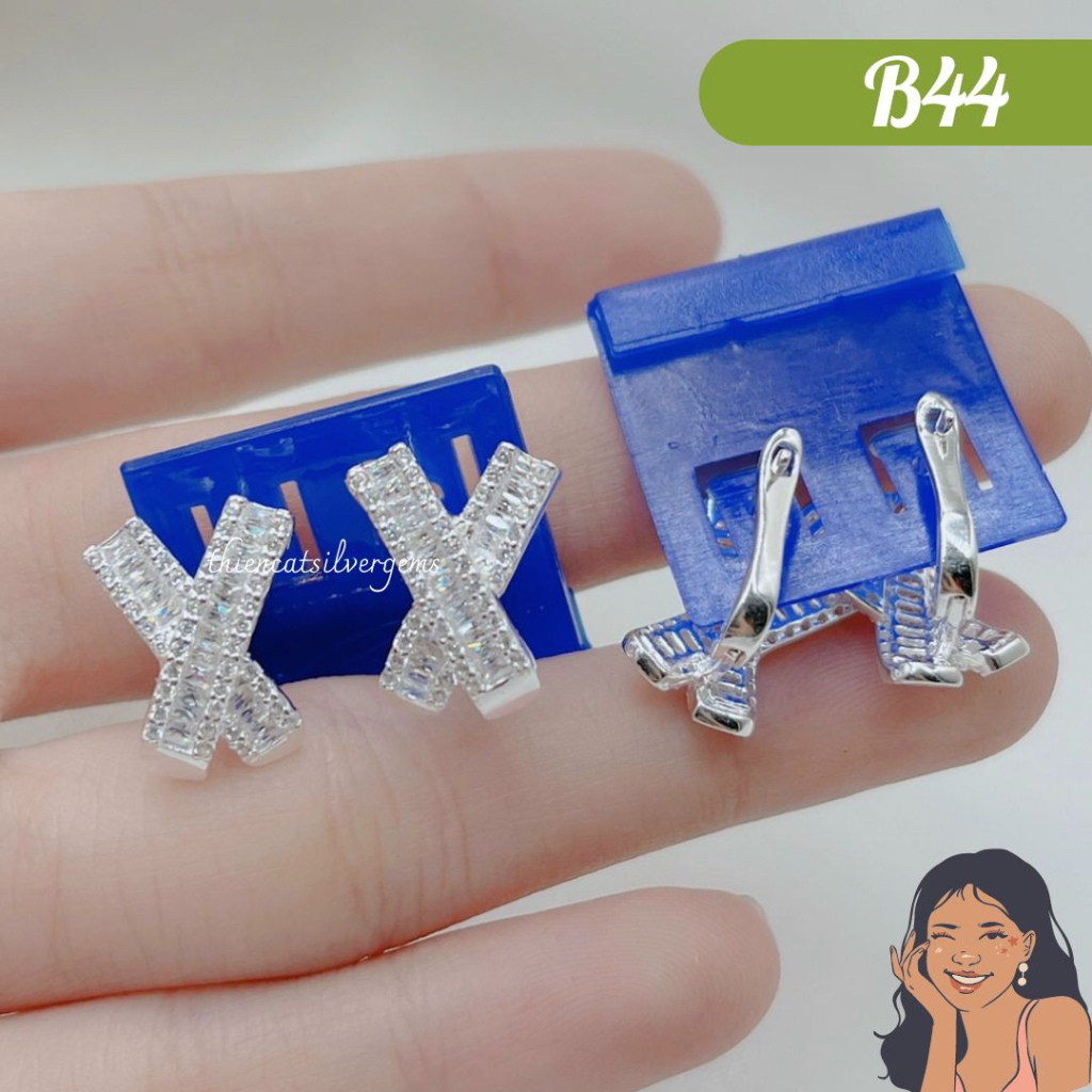 B44 Bông tai khoen bật chữ X cong Baguette Bạc thật Thiên Cát s950