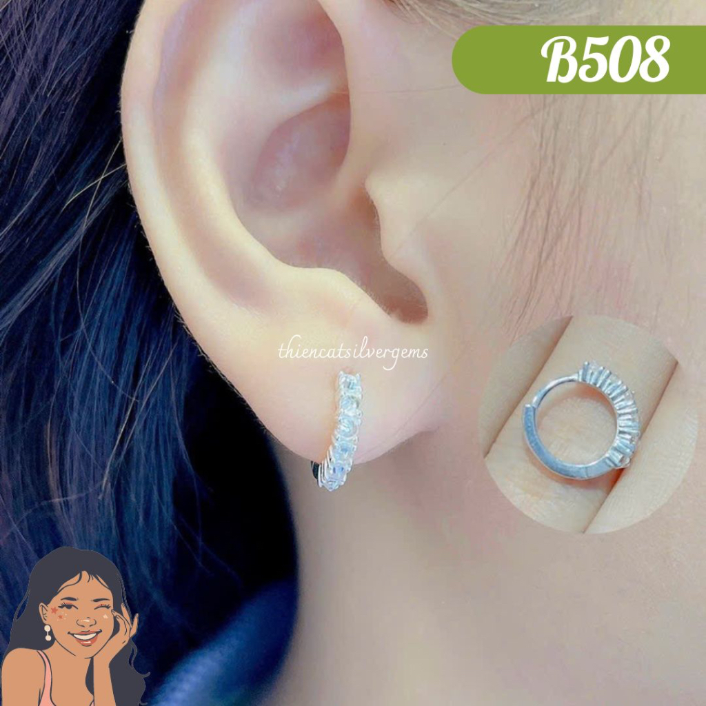 B508 Bông tai khoen tròn đính đá Bạc thật Thiên Cát s950