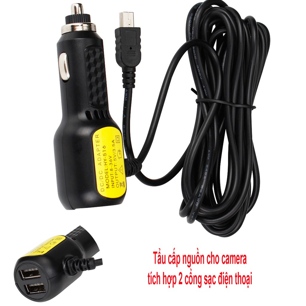 Tẩu cấp nguồn cho camera hành trình 12V 24V 36V, dài 3.5m, chân cắm dẹt, chân cắm vuông, 2 cổng USB sạc điện thoại