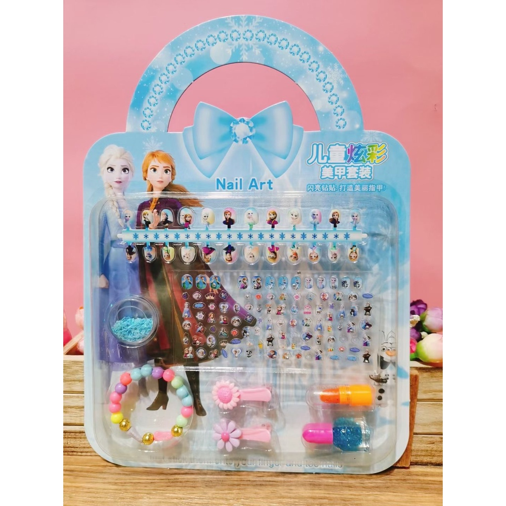 Bộ 24 móng tay giả kèm dán móng và đồ trang điểm hình công chúa, kitty cho bé