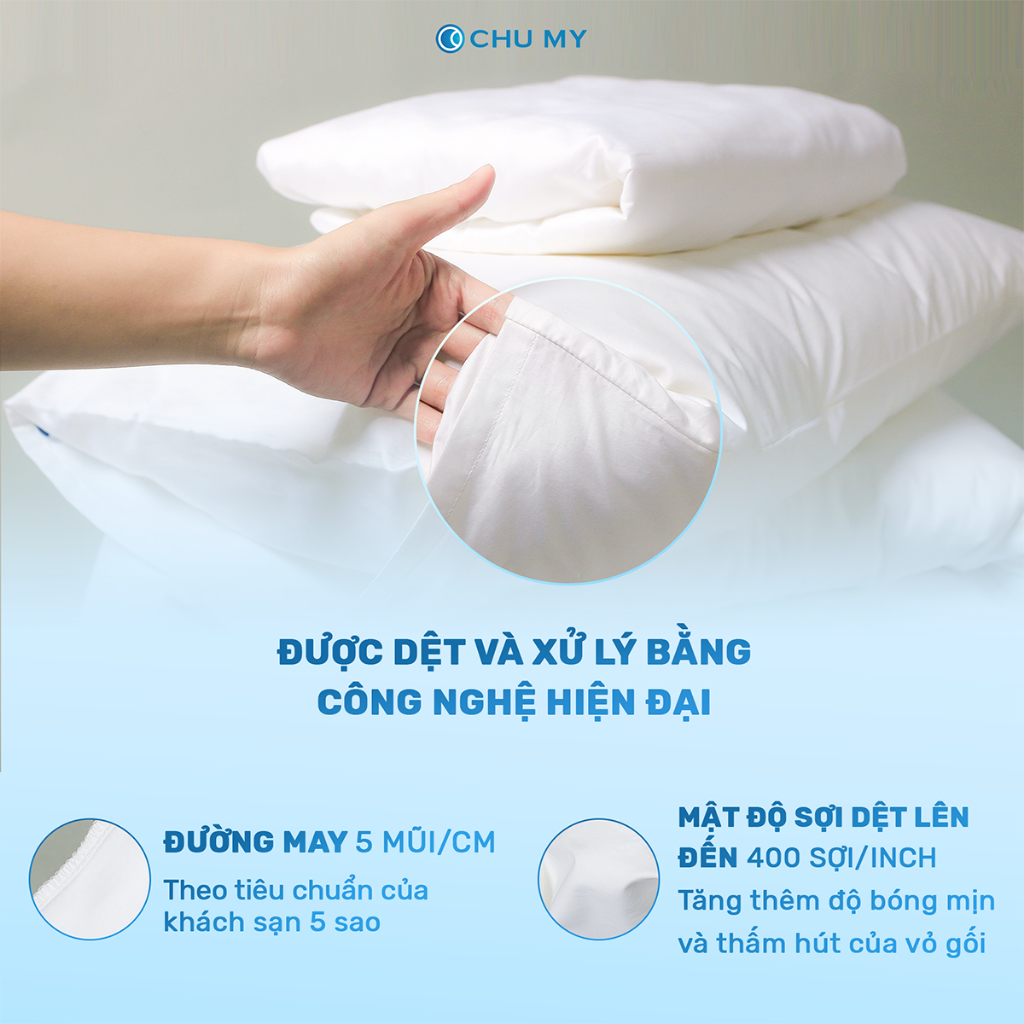 Combo 2 vỏ gối khách sạn CHU MY màu trắng, chất liệu 100% cotton, mật độ T400 chuẩn 5 sao, kích thước 50x70cm, 60x80cm