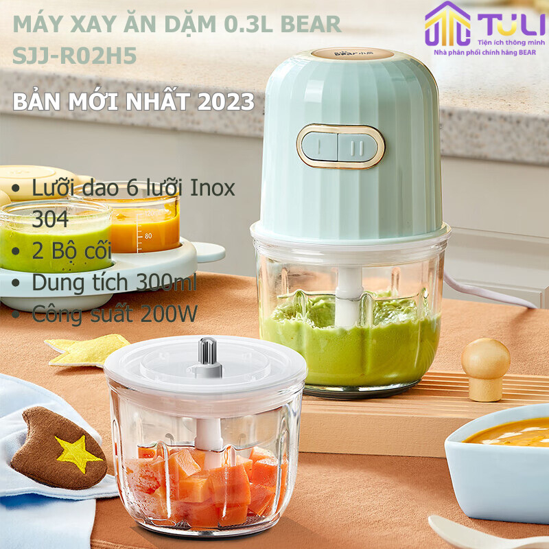 Máy Xay Thực Phẩm Mini Đa Năng -Xay Tỏi Ớt Thịt Cá Tôm Rau Củ Quả Xay Đồ Ăn Dặm, 2 Cối Bear R02H5, 0.3L, 200W