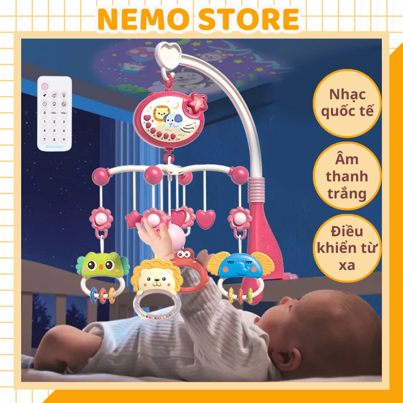 Đồ chơi treo nôi cũi cho bé sơ sinh phát nhạc tự xoay, có đèn chiếu hình, lục lạc, gặm nướu, điều khiển từ xa đa năng
