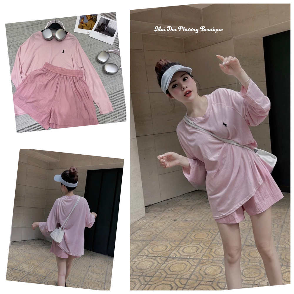 Set Bộ Đồ Nữ Áo Phông Áo Thun Nữ Tay Dài Quần Sooc Quần Đùi Cotton Hàn Freesize Mẫu SETNGUAHONG. TP142