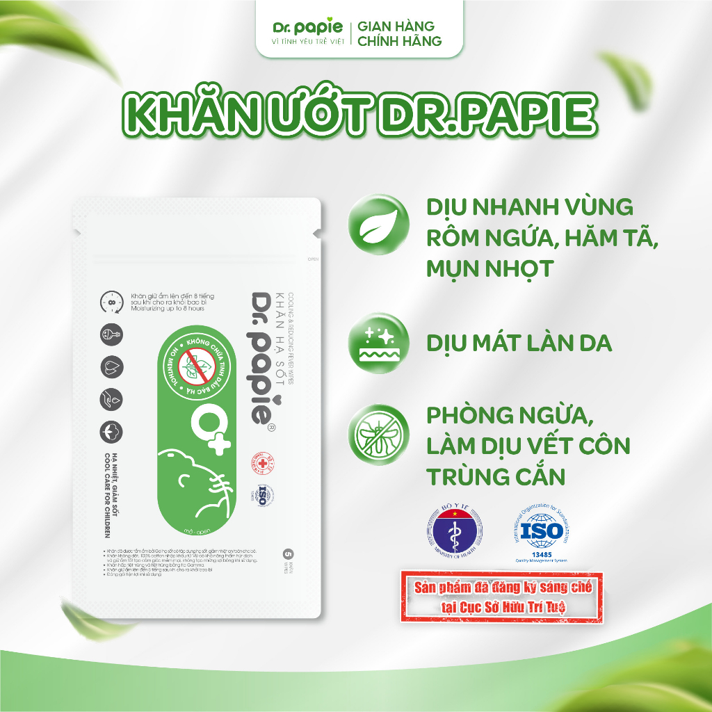 Khăn Ướt Thảo Dược Dr.Papie Làm Mát, Làm Sạch, Dịu Da, Vết Côn Trùng Đốt