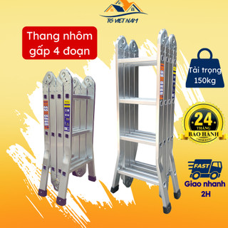 Thang nhôm gấp 4 khúc 3 bậc, 4 bậc siêu đa năng 3.7m, 4.7m. Thang nhôm xếp gọn 4 đoạn dùng cho thợ