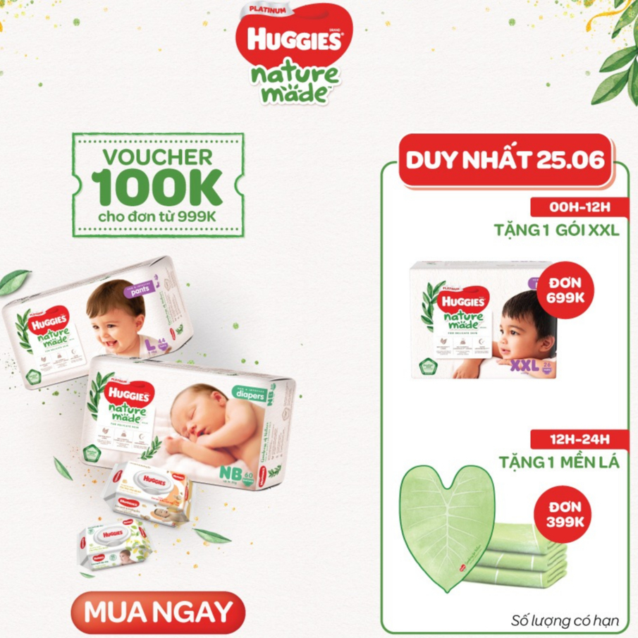 Bỉm Huggies Natural Made cao cấp đủ size NB60/S82/M64/L54/XL44/XXL26