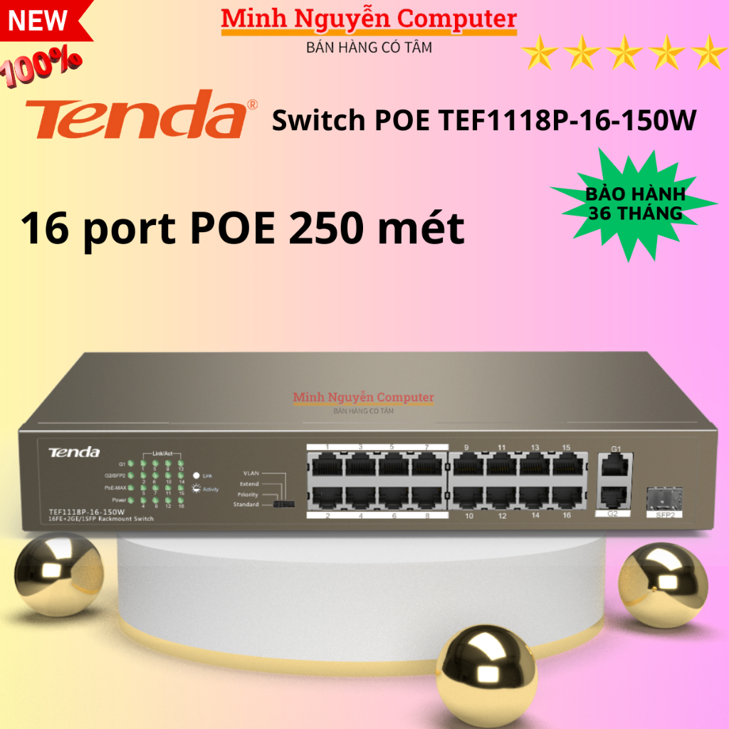 Switch PoE 16port Tenda TEF1118P - Hàng Chính Hãng