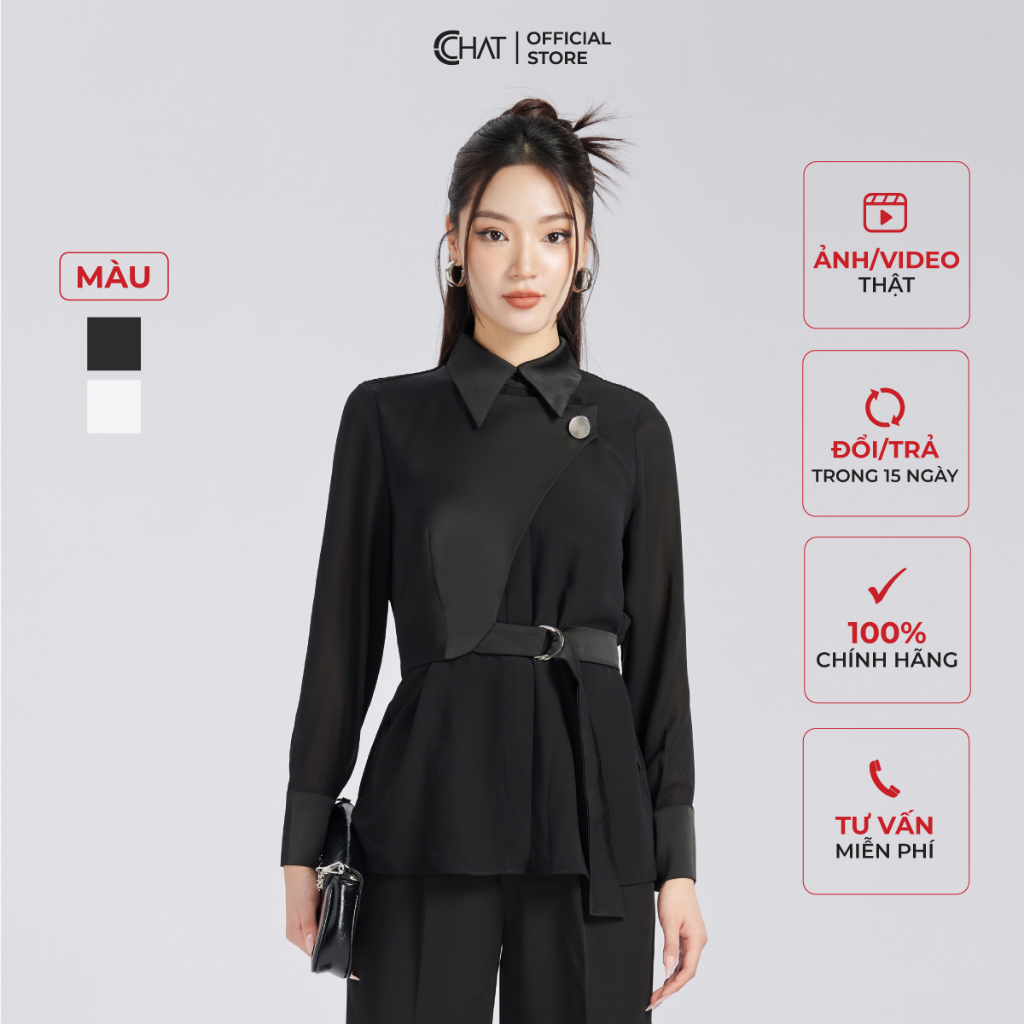 Áo Sơ Mi Nữ 𝐂𝐂𝐇𝐀𝐓 Kiểu Dập Ly Tà Bong Kèm Phụ Kiện Chất Chiffon Cao Cấp 53FDH8016ST