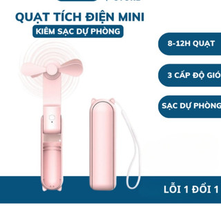 Quạt mini cầm tay đeo cổ, quạt tích điện pin khủng , quạt cute tích hợp sạc dự phòng, gập gọn bỏ túi 3 tốc độ gió