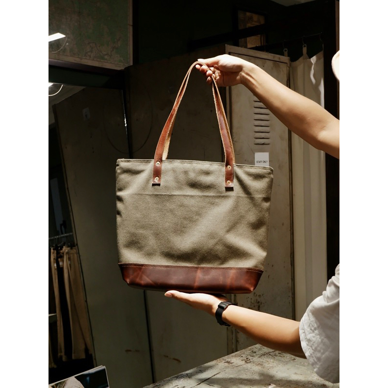 Túi Tote Canvas phối Da bò | Premium - Olderister