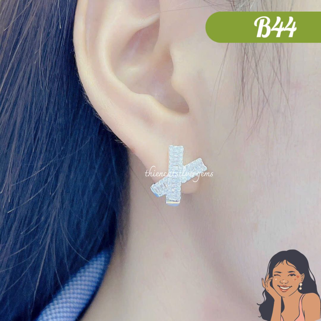 B44 Bông tai khoen bật chữ X cong Baguette Bạc thật Thiên Cát s950