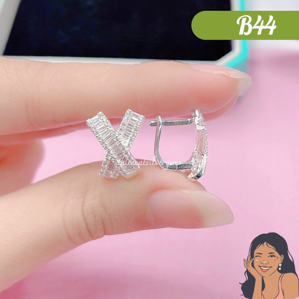 B44 Bông tai khoen bật chữ X cong Baguette Bạc thật Thiên Cát s950
