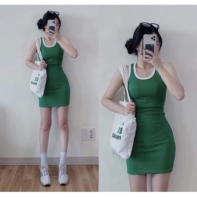 ĐẦM BODY CHẤT THUN GÂN HAI DÂY DÁNG BA LỖ