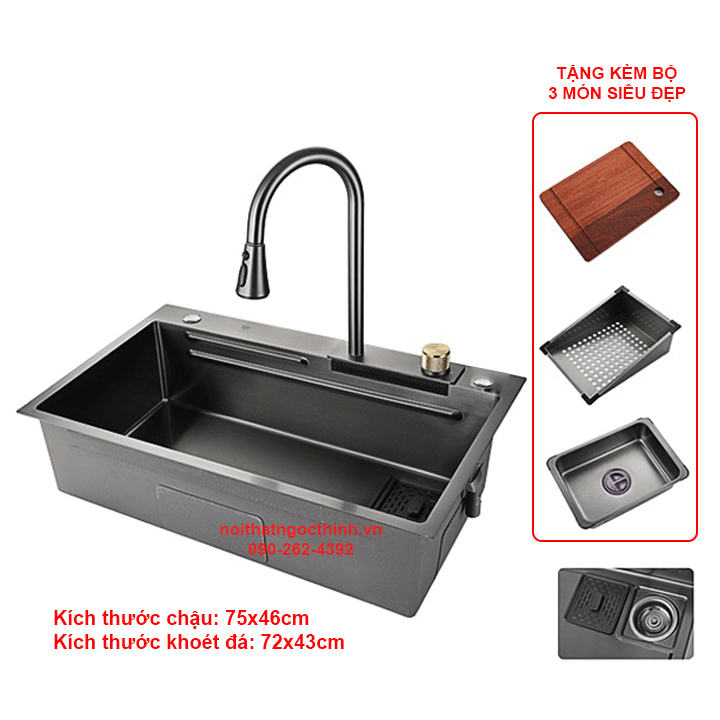 Combo chậu rửa chén 1 hộc SIZE LỚN 75x46cm inox 304 Sơn tĩnh điện Nano đen nhám, vòi dây rút thác nước