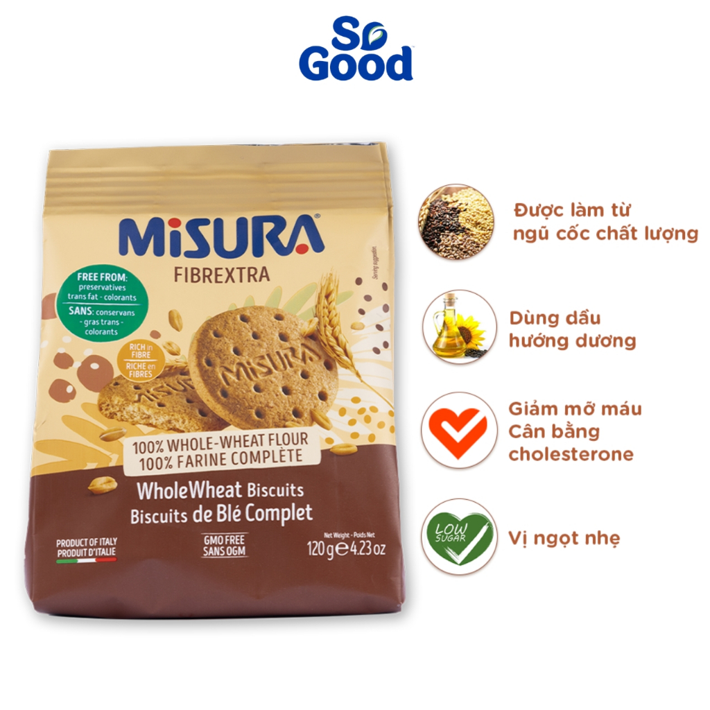 Bánh quy lúa mì nguyên cám MISURA Fibrextra nhập khẩu Ý 120g giàu chất xơ và chất dinh dưỡng