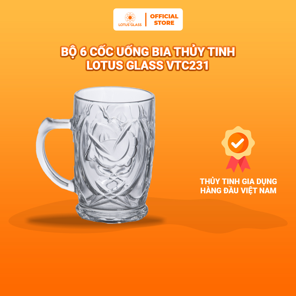 Bộ 6 cốc uống bia thủy tinh LOTUS GLASS VTC231 trong suốt có quai cao cấp, an toàn