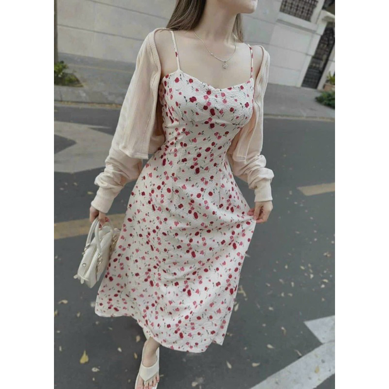 BIGSIZETIX Set đầm hai dây hoa đỏ kèm áo khoác crop nude Xinh xắn 50-90kg