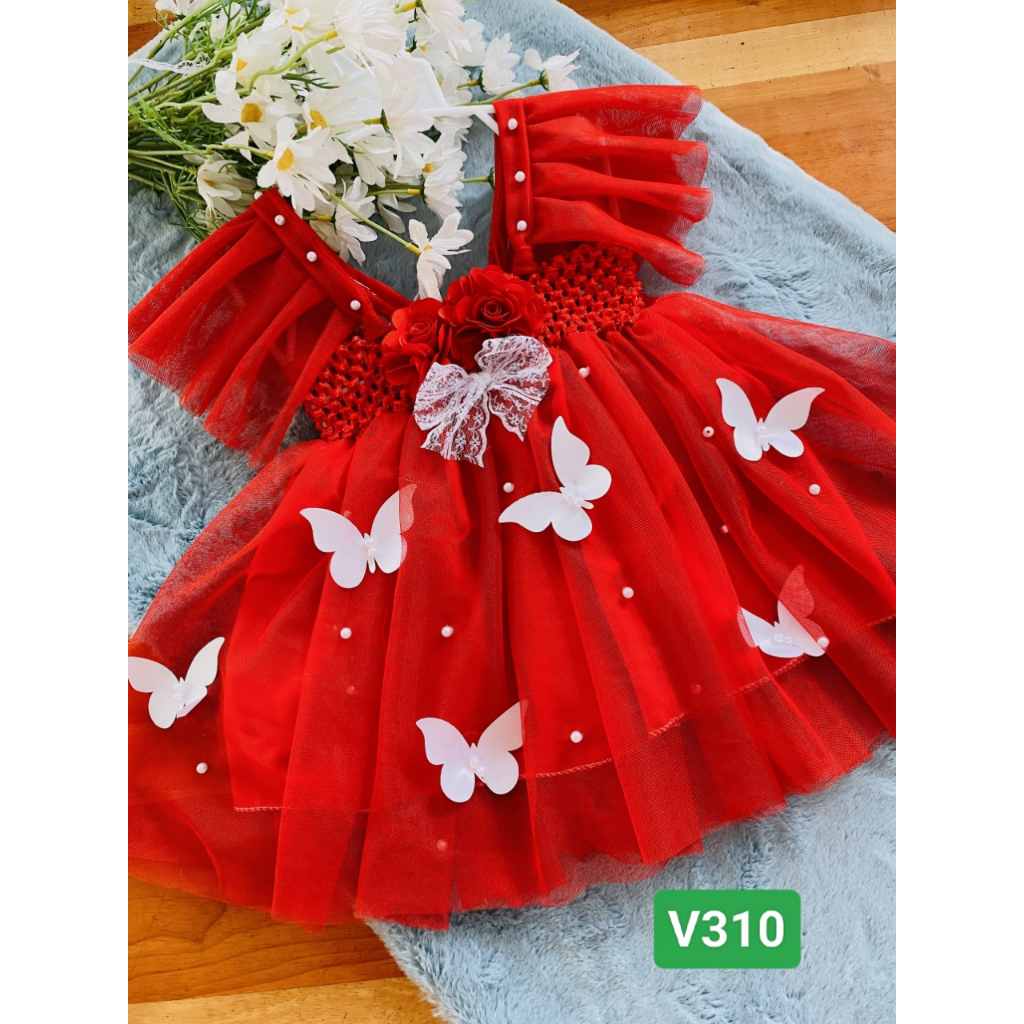 Váy xoè công chúa bé gái, đầm công chúa màu đỏ tay tiên đính bướm cực xinh