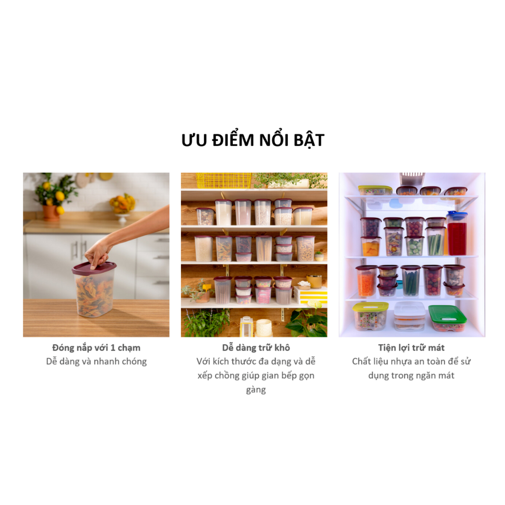 Bộ 5 hộp trữ mát/ trữ khô One Touch Fresh Tupperware chính hãng - Nắp siêu kín đóng mở 1 chạm dễ dàng, an toàn sức khỏe