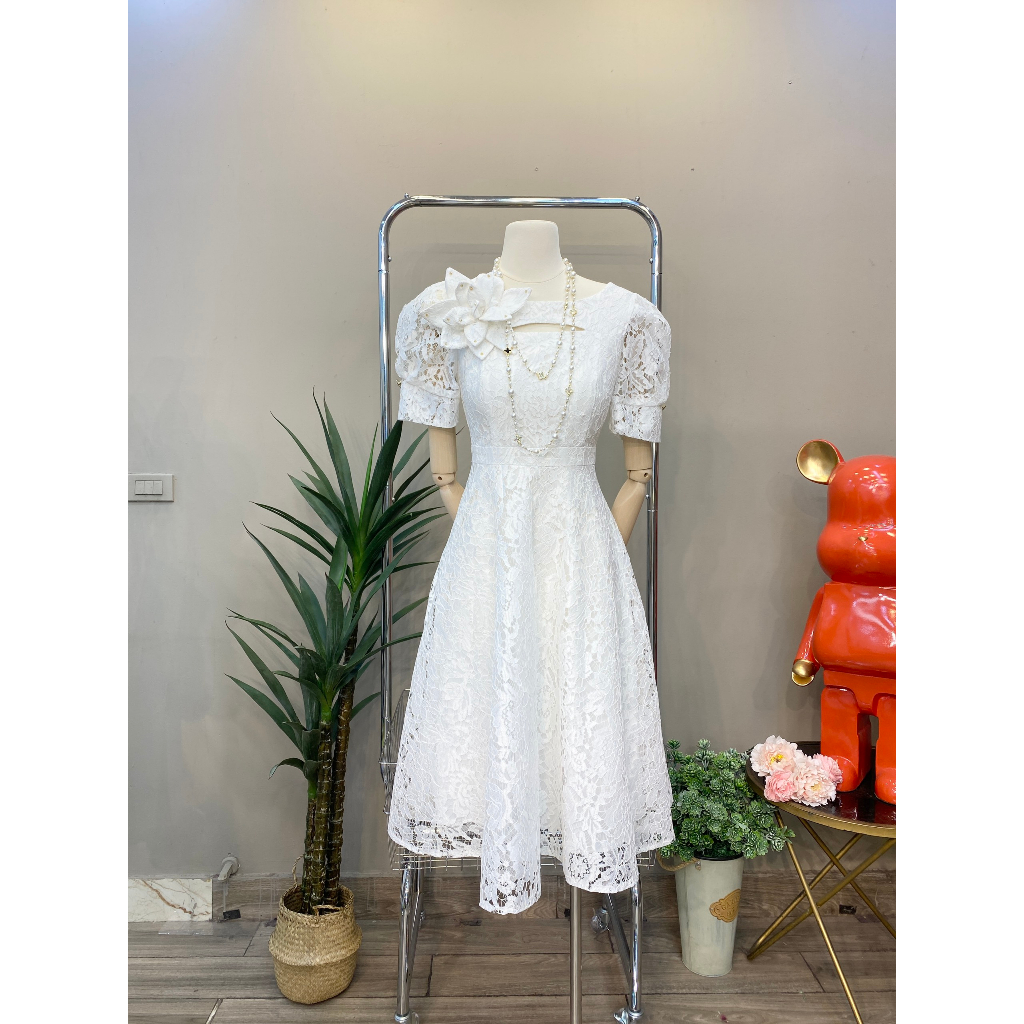 Váy ren tay bồng ngực đính hoa-10291