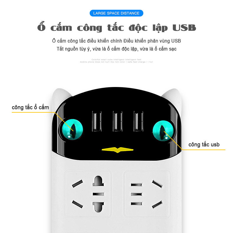 Ổ cắm thông minh đục lỗ hình mèo đen trắng với sạc USB và công tắc an toàn phù hợp với văn phòng tại nhà 2,8m