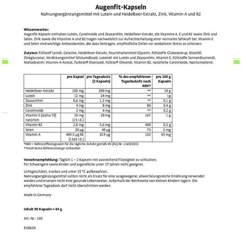 Viên uống Bổ Mắt Sanct Bernhard Augenfit Kapseln90 Viên - Nội Địa Đức