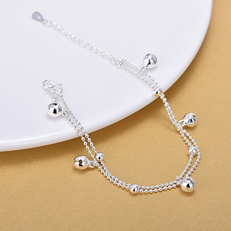 Lắc chân hột bi mạ bạc 925 trắng sáng treo chuông lục lạc bóng đẹp dễ thương giá rẻ