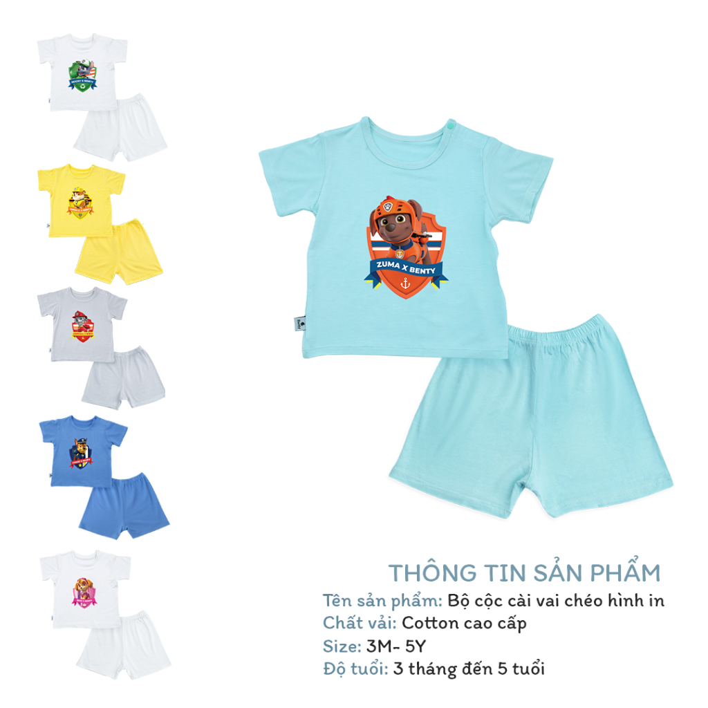 Bộ cộc tay cài vai in hình Paw Patrol BENTY cotton mềm mịn co giãn, set quần áo trẻ em cao cấp