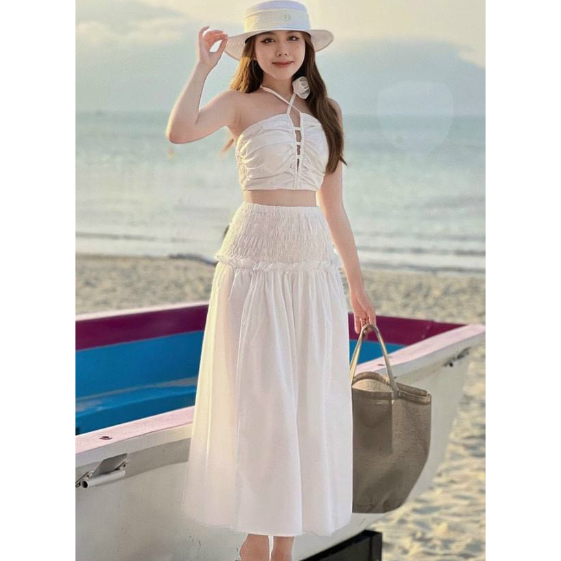 Set váy đi biển, thời trang nữ đi chơi chất lụa 100D cổ dây có mút thân sau chạy smocking váy lưng thun nhún xoè maxi