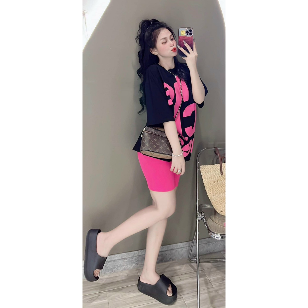 Set bộ thun ngố đi chơi, set áo thun from rộng tay ngắn in chữ to full áo mix quần lửng ngố đủ màu cá tính mtb