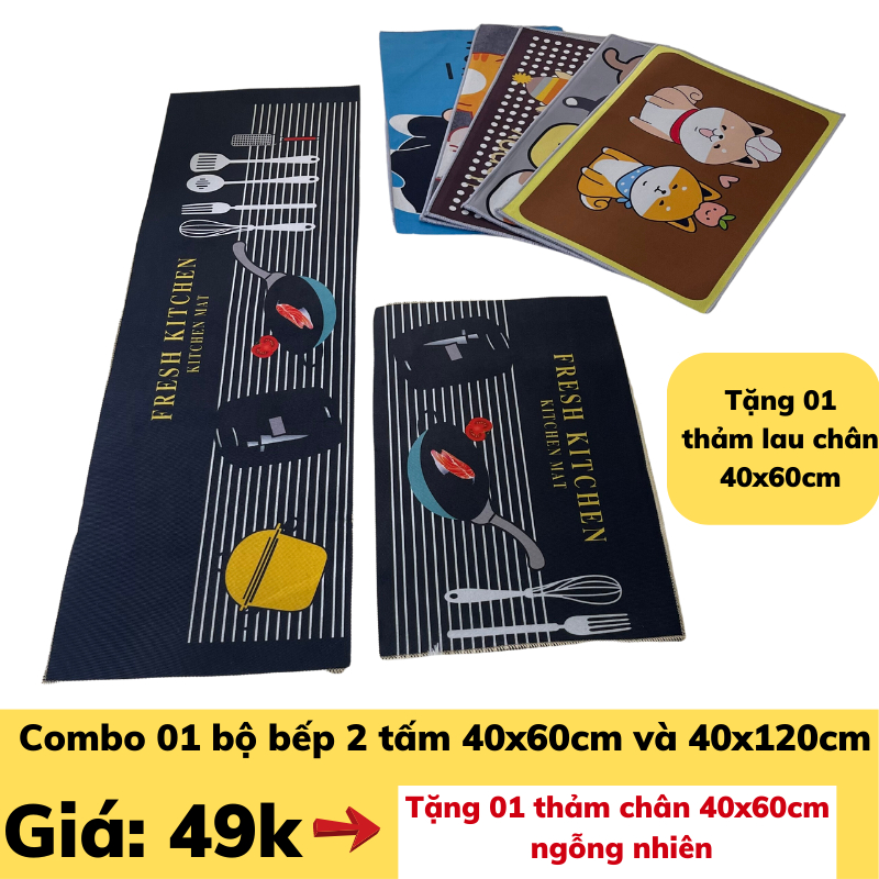Bộ 2 Thảm Bếp Hàng Loại 1 Dày Và Mịn Thấm Hút Tốt, Mặt Đáy Chống trơn, Mặt Thảm Bali ( Bộ Sưu Tập Mẫu Thảm Bếp Mới 2021)