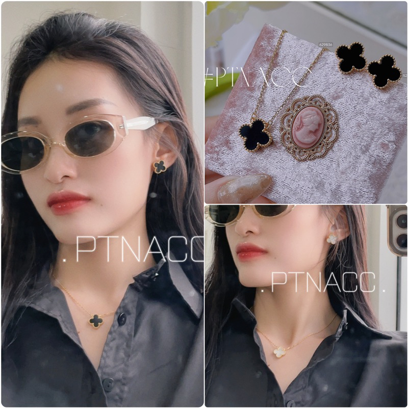 Bộ trang sức titan vòng cổ, khuyên tai cỏ 4 lá hàng đẹp loại 1 có khắc logo thương hiệu .PTNACC.