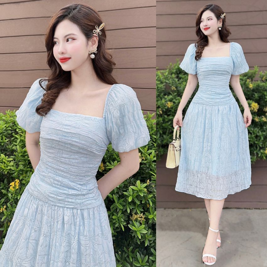 Váy nữ cổ vuông tay bồng chất tơ thoải mái - XU XU SHOP - Đầm nữ tiểu thư nhẹ nhàng mặc đi chơi, đi làm cực xinh