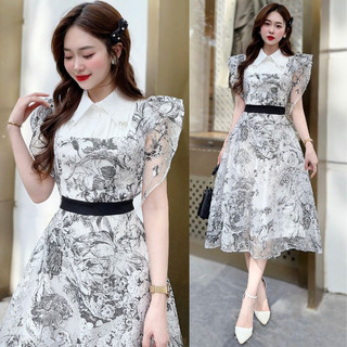 Váy hoa công sở sang trọng thanh lịch cổ sơ mi - XU XU SHOP - Đầm nữ thiết kế tay cánh tiên vải voan tơ cao cấp