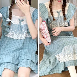 (SẴN) Set váy sọc ô vuông tay cánh tiên xanh ngọc quảng châu